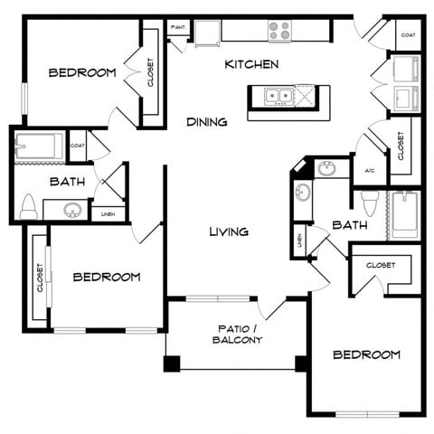 Floor plan for 3 beds, 2 baths, 1326 sqft